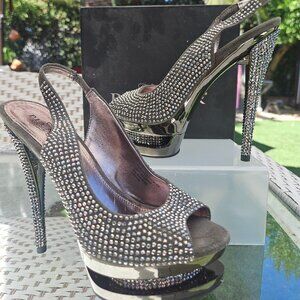 Peep toe sling back Olive green rhinestone heels